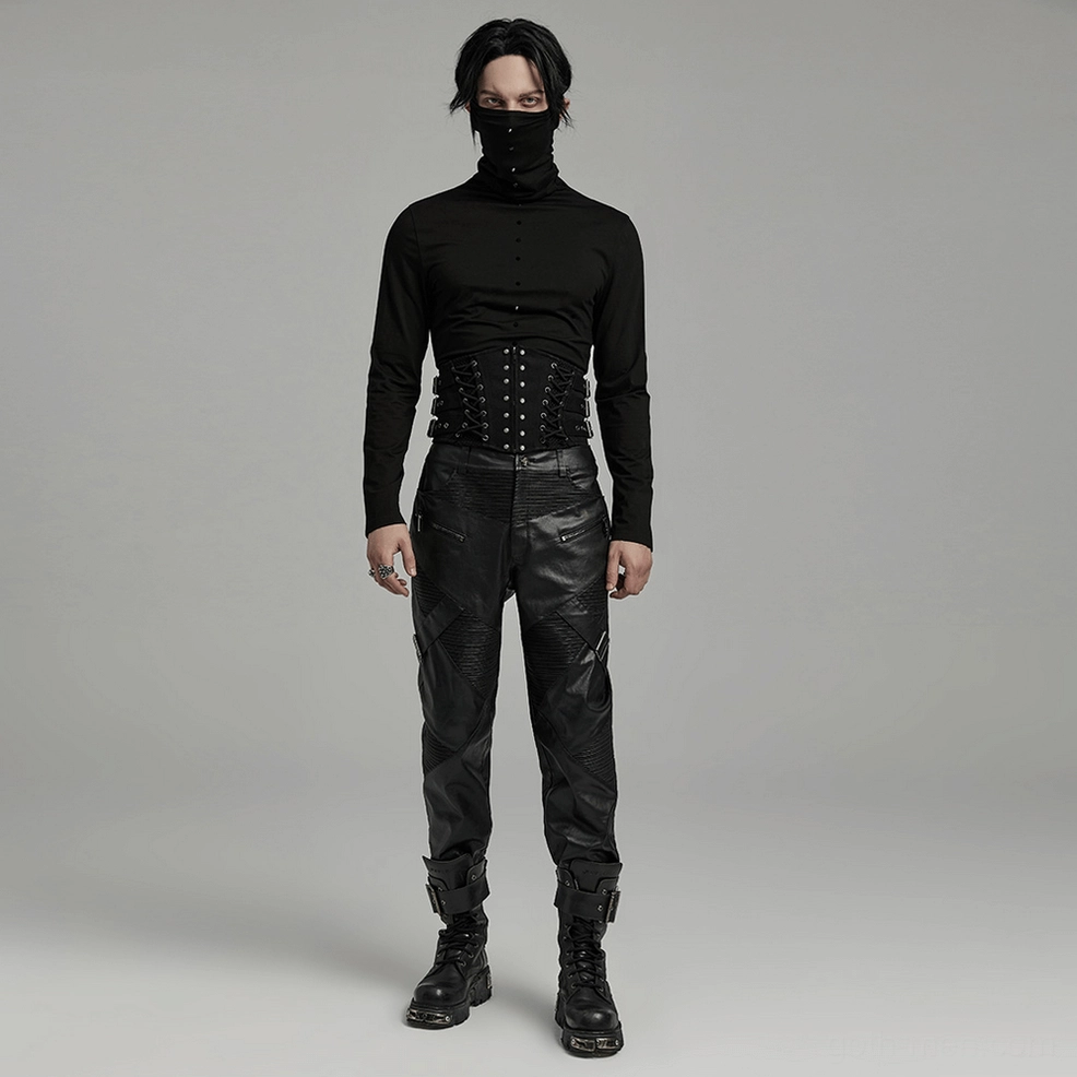 Full-body front view of male model wearing black gothic corset belt styled with leather pants and boots