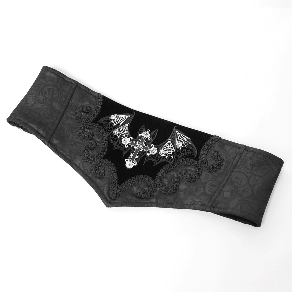 Angled flat display of black gothic corset belt showing jacquard pattern and ruffled lace edge trim