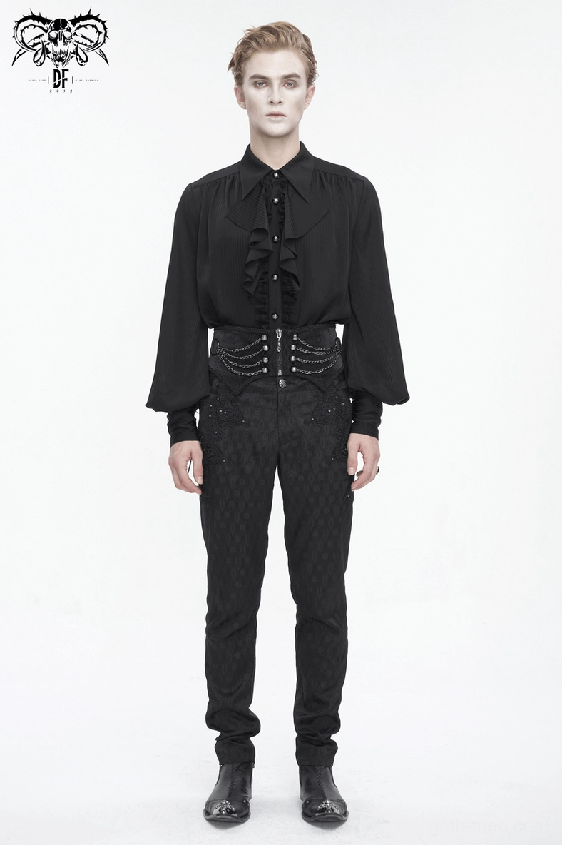 Gothic men's corset belt detail showing textured jacquard fabric and metal stud placement