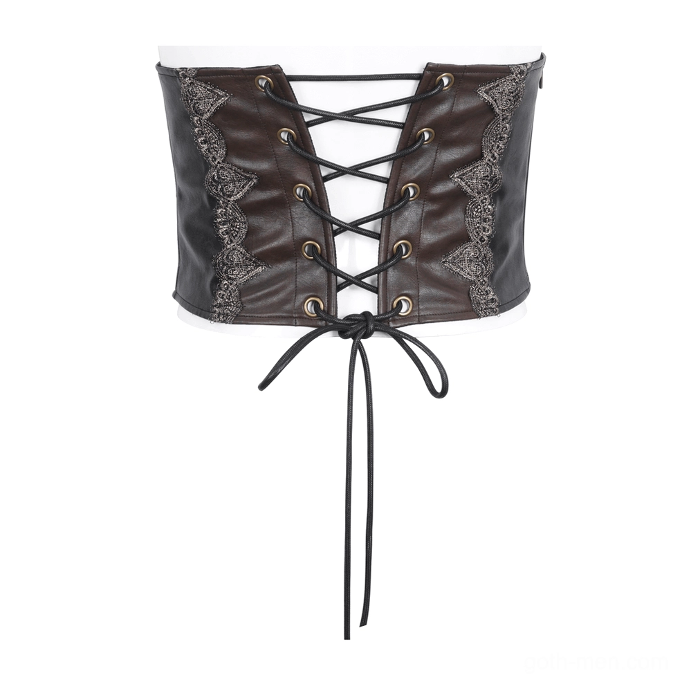 Close-up detail of dark brown gothic corset belt with fabric lace-up and vintage lace trim edges