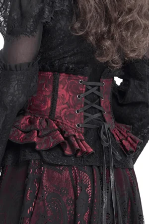 Gothic corset belt back lace-up closure detail, wine red fabric with rose pattern and layered ruffle hem trim