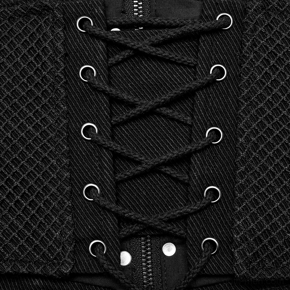 Close-up macro detail of metal eyelets, braided laces and mesh side panels on gothic corset belt