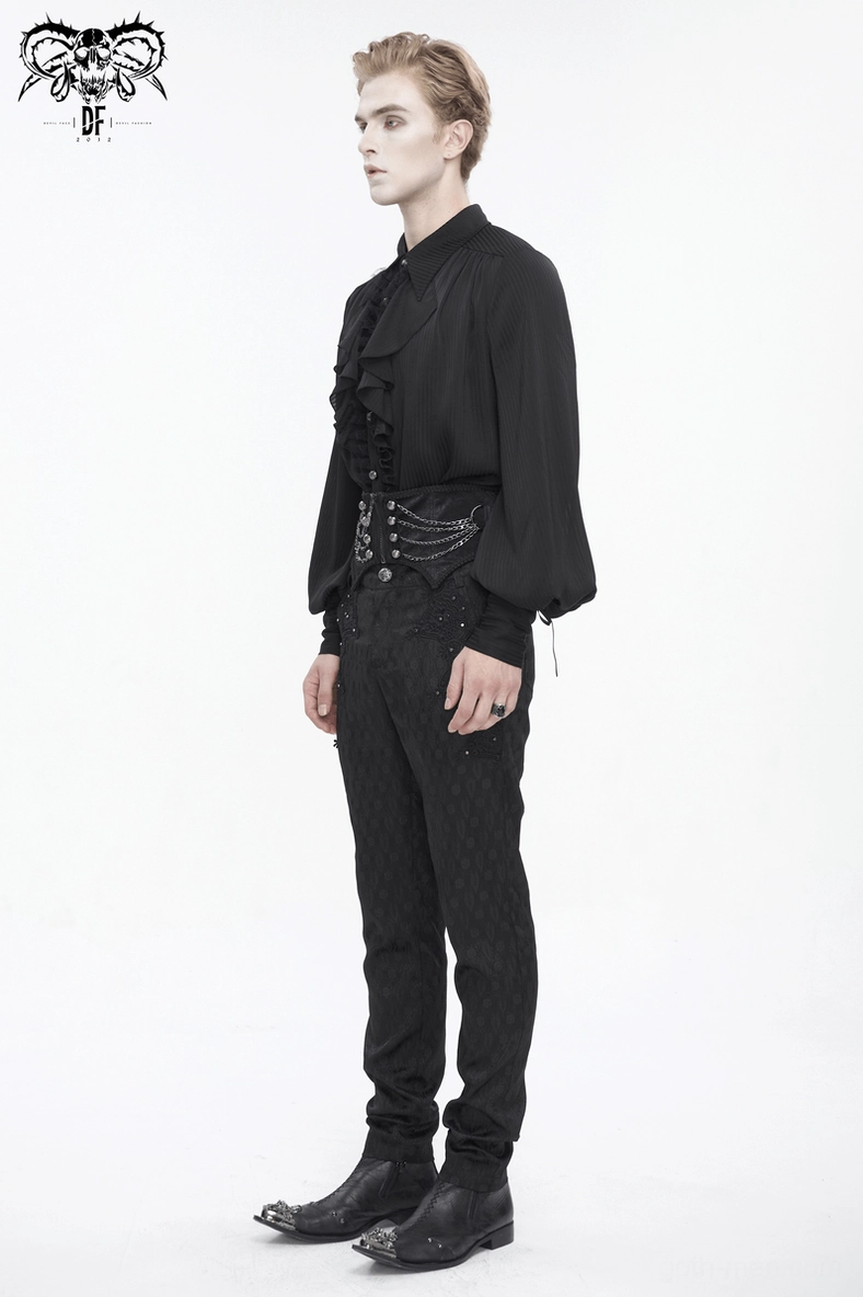 Black gothic waist corset belt showing overall design with chains, studs, and lace-up back