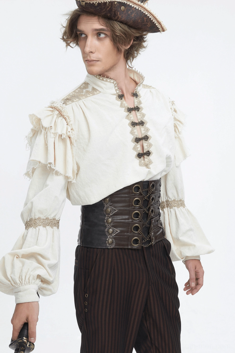Three-quarter front view of pirate steampunk outfit featuring gothic accessories and lace trim