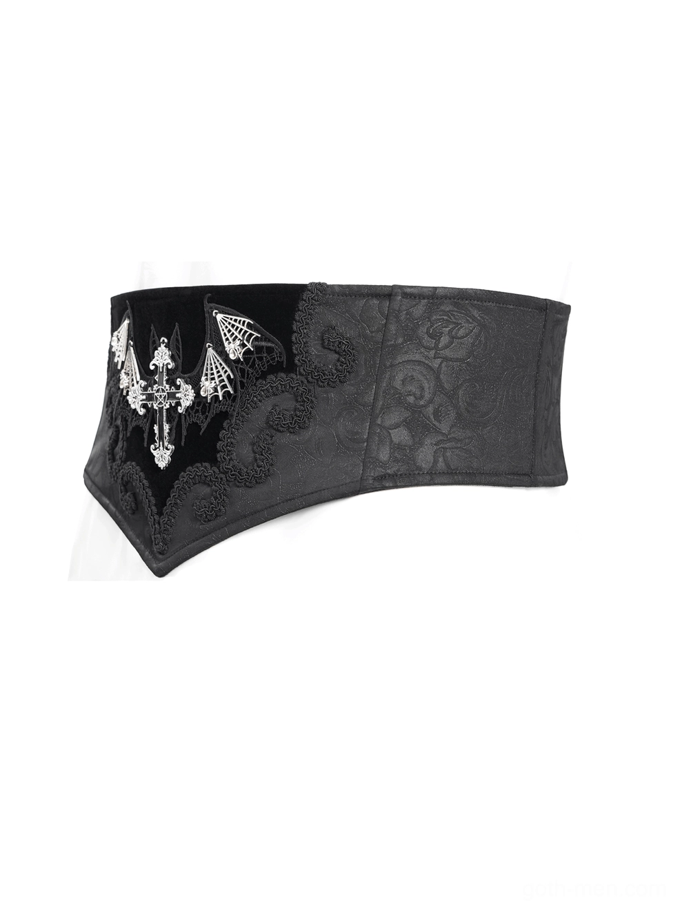 Side angle view of gothic corset belt showing embossed floral texture and ornate embroidered panel