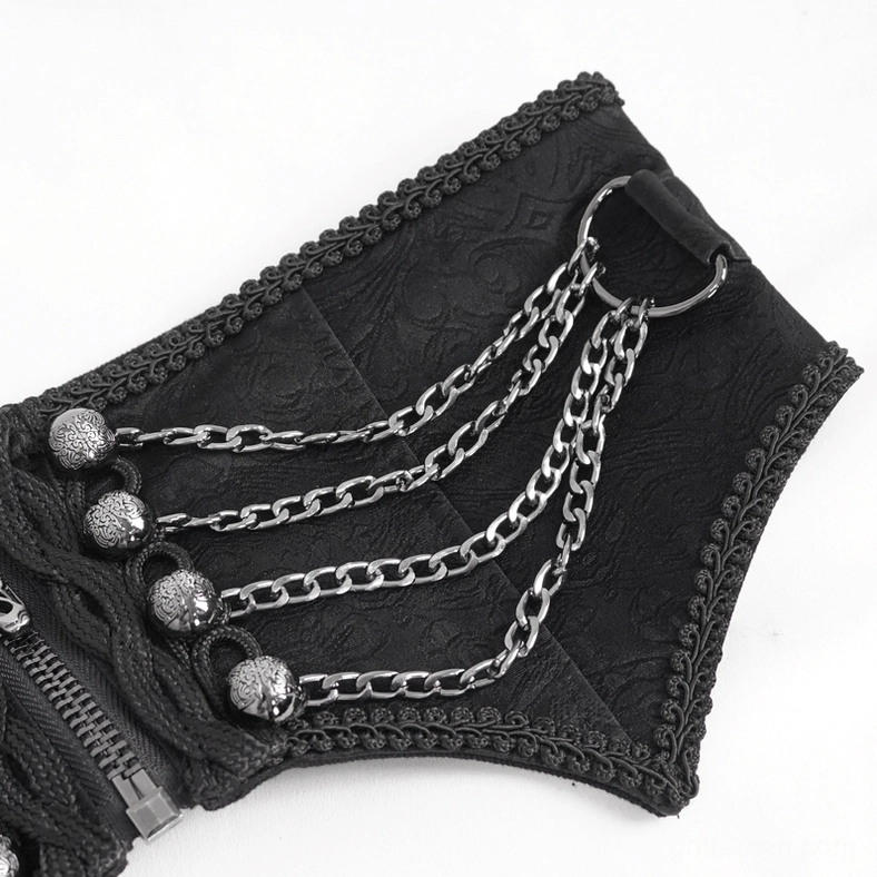 Close-up side detail of black gothic men's corset belt showing metal chains and D-ring hardware