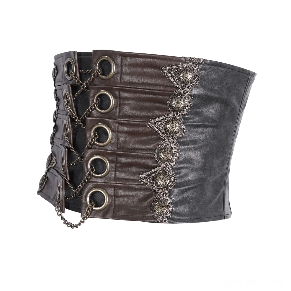 Side flat lay of brown gothic corset belt displaying two-tone leather and metal chain trim