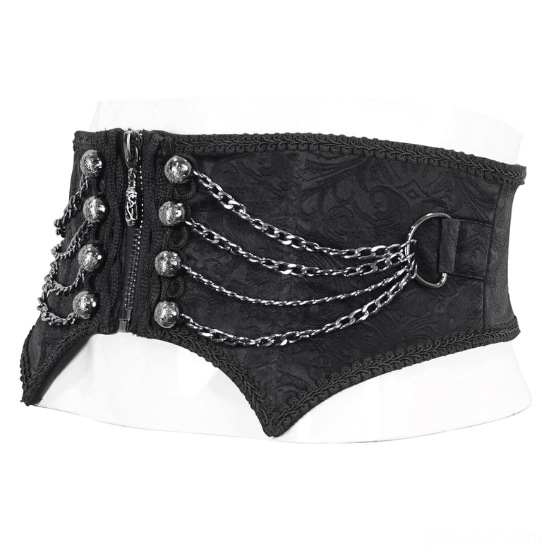 Side view of black gothic men's corset belt showing metal chain accents and D-ring hardware