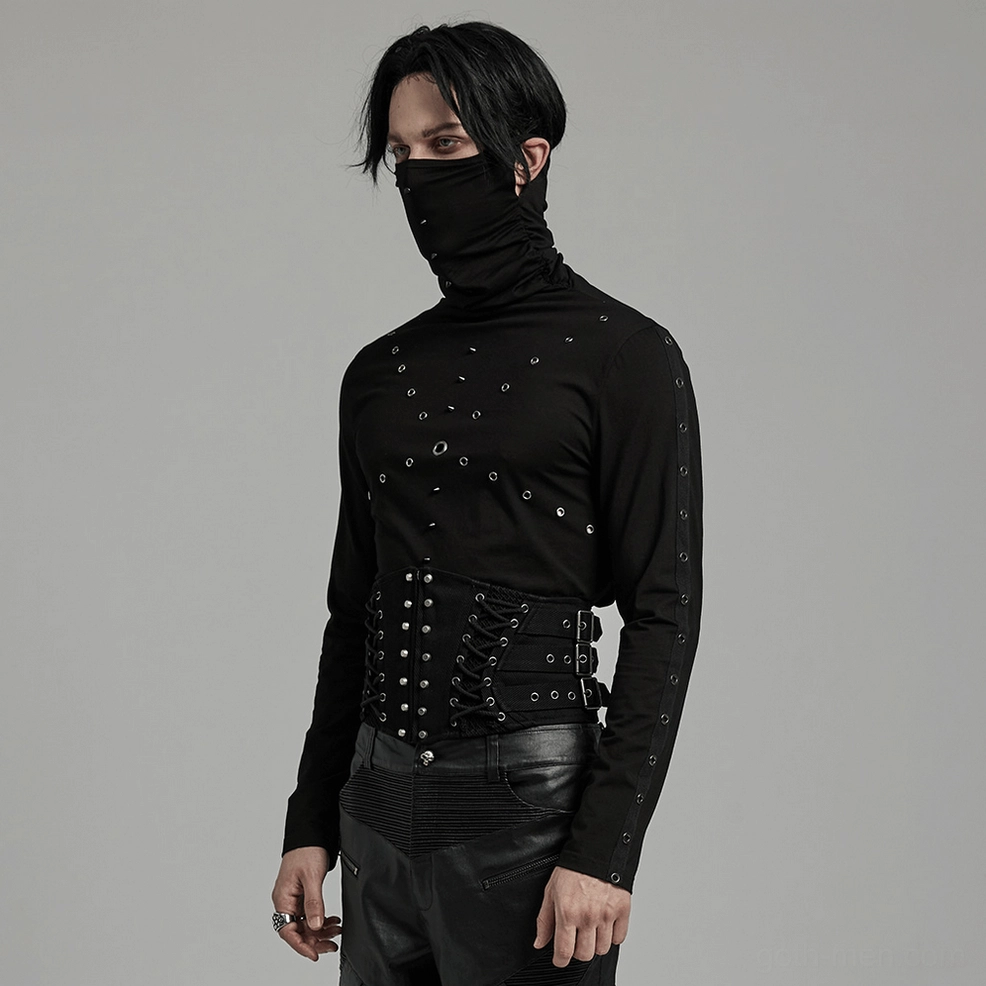 Gothic corset belt side profile on male model wearing with dark aesthetic outfit