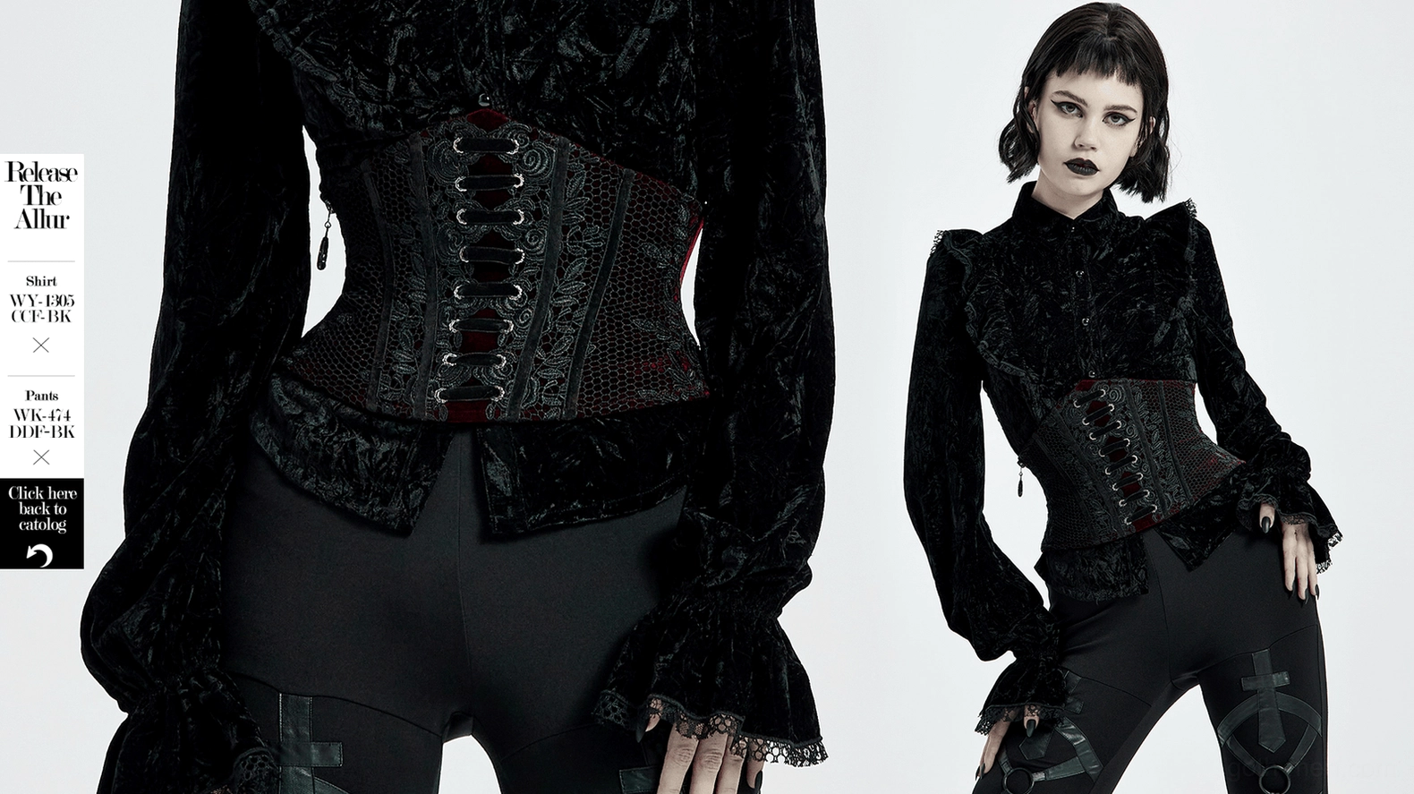 Wine red velvet gothic corset belt size comparison guide with measurement specifications for different sizes