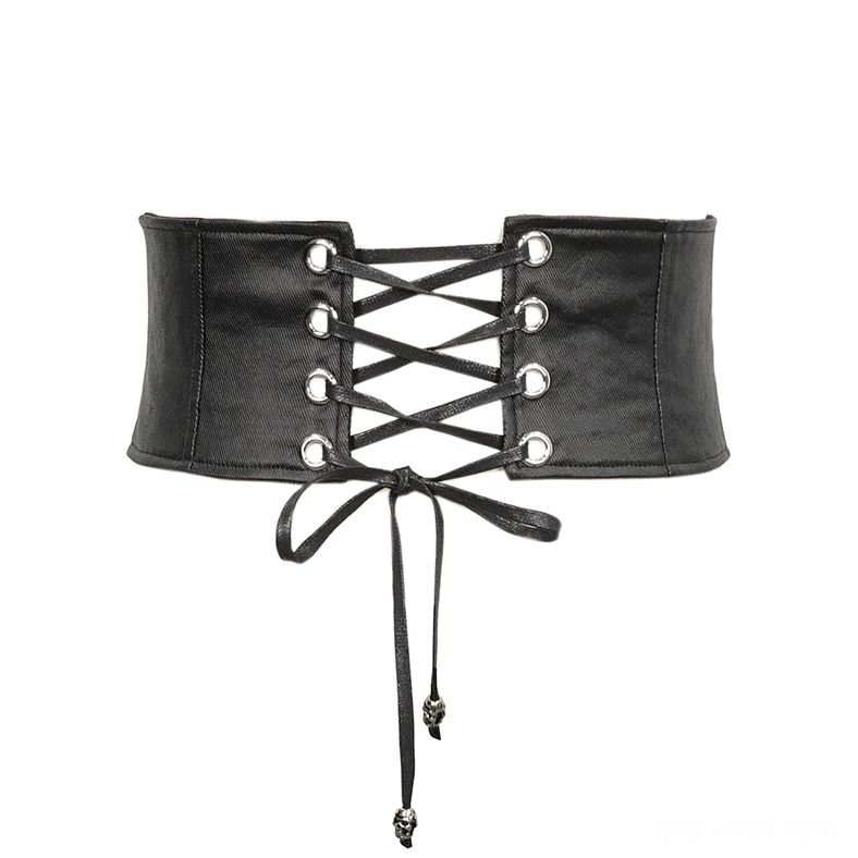 Front flat lay of black crisscross corset-style waist belt with skull charm pendant and faux leather construction