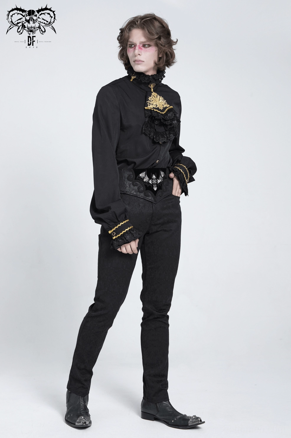 Gothic corset belt product photography - three-quarter view showing embroidered front and construction