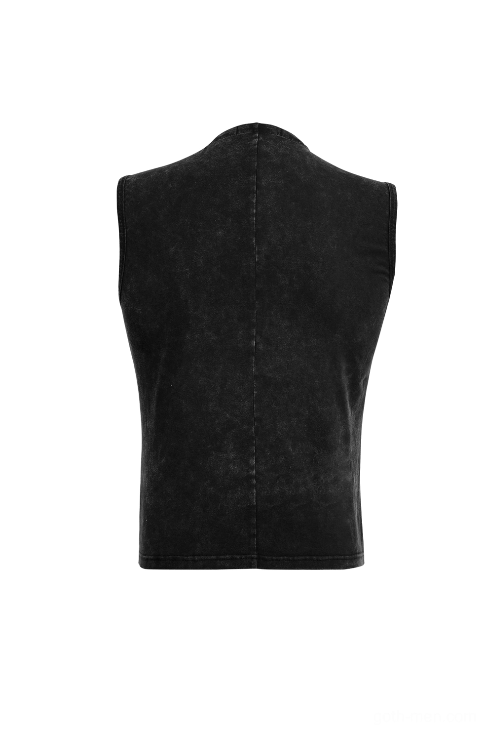 Rear flat lay view of black gothic corset vest, showing solid black back panel, simple seam construction, and overall silhouette