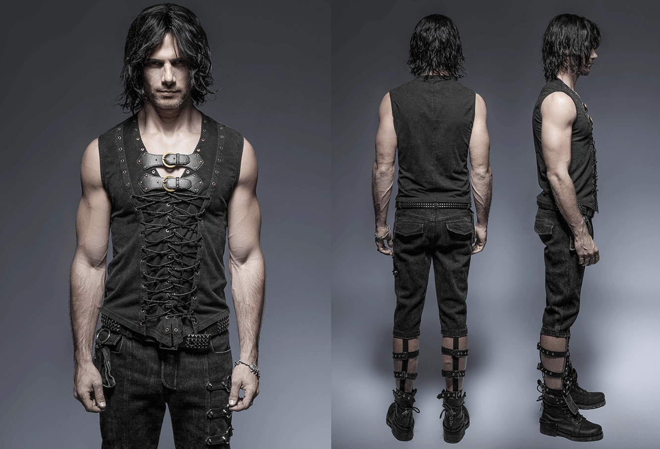 Alternative angle of black gothic corset vest construction, highlighting sleeveless design, strap placement, and overall garment structure