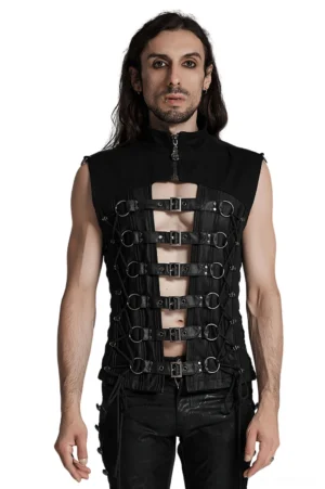 Black gothic buckle lace-up corset vest front view on model with stand collar and metal D-ring details