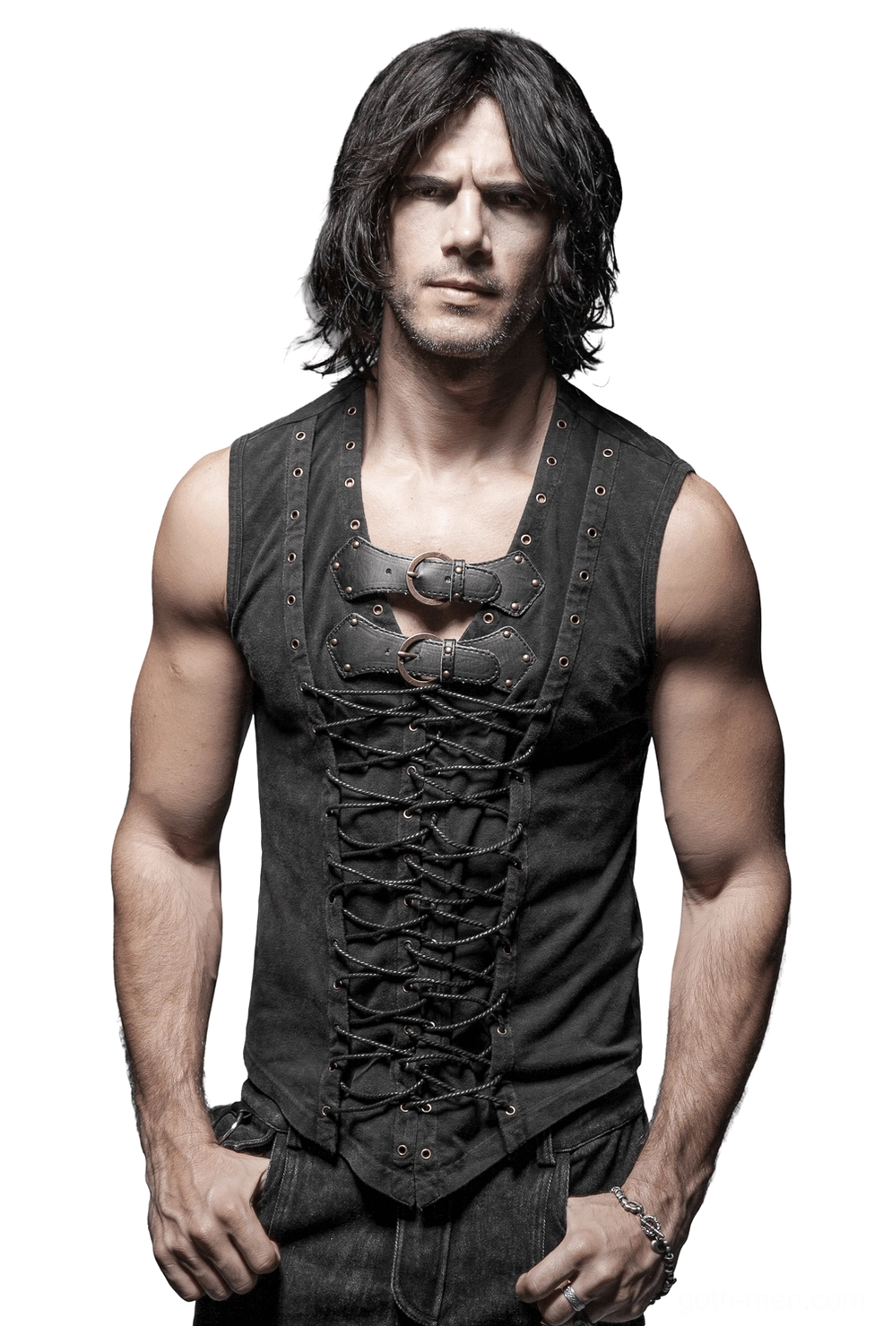 Black gothic lace-up corset vest front view on male model, featuring dual antique brass buckle straps and full braided lace-up closure with metal eyelets
