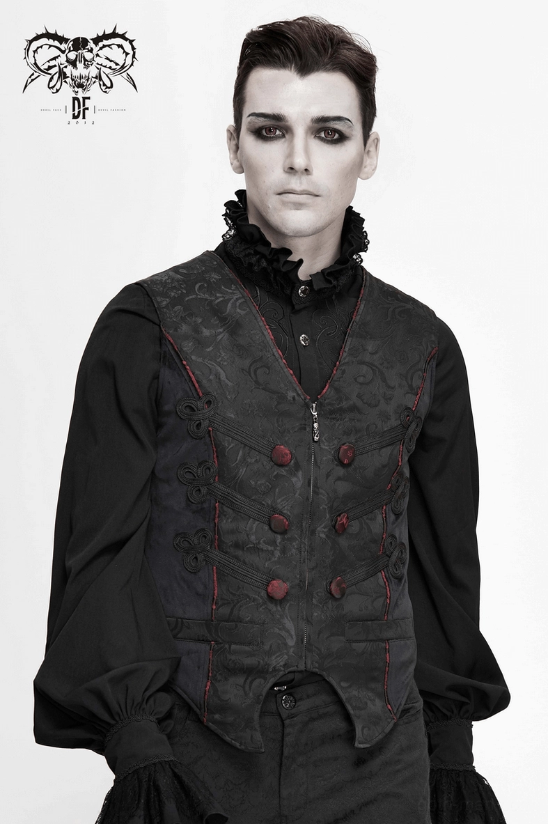 Black gothic corset vest architectural hem design with central notch showing tailored silhouette detail