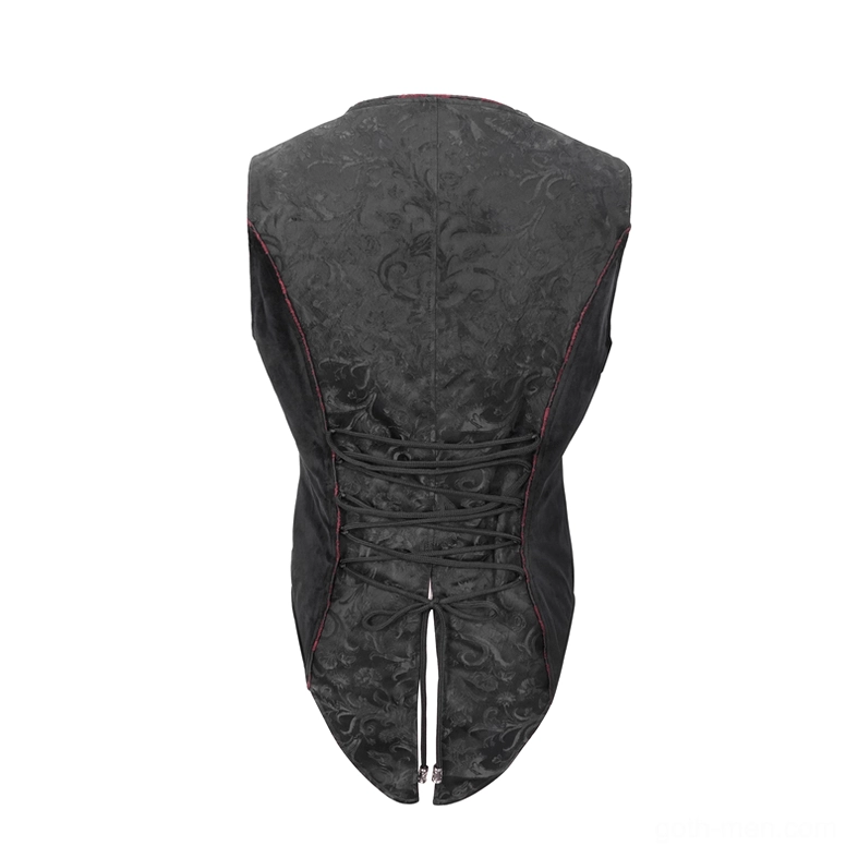 Black gothic jacquard corset waistcoat rear view on mannequin showing lace-up closure and red piping trim