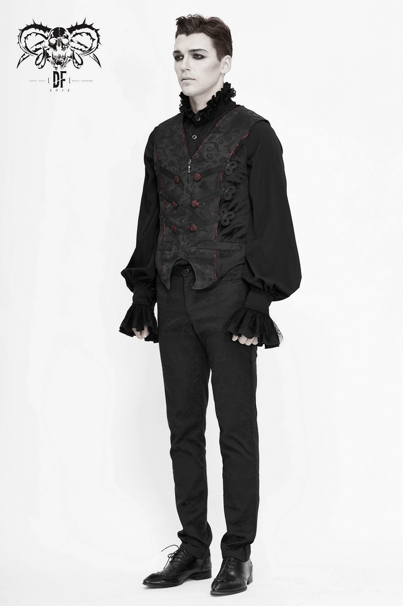 Black gothic corset waistcoat showing back lace-up construction and how red piping enhances silhouette