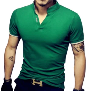 Men's slim fit gothic green polo shirt with branded collar detail, worn by tattooed male model