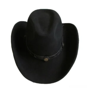 Wide brim black fedora cowboy hat overhead front view showing metal ornament on braided hat band