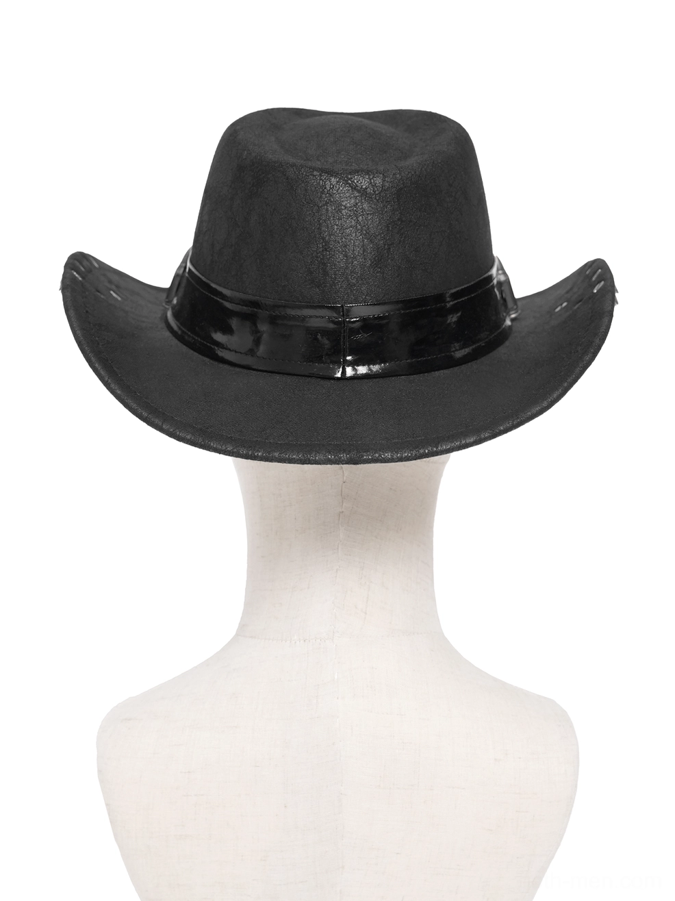 Black gothic cowboy hat displayed on mannequin from rear three-quarter angle showing patent leather band and back crown structure