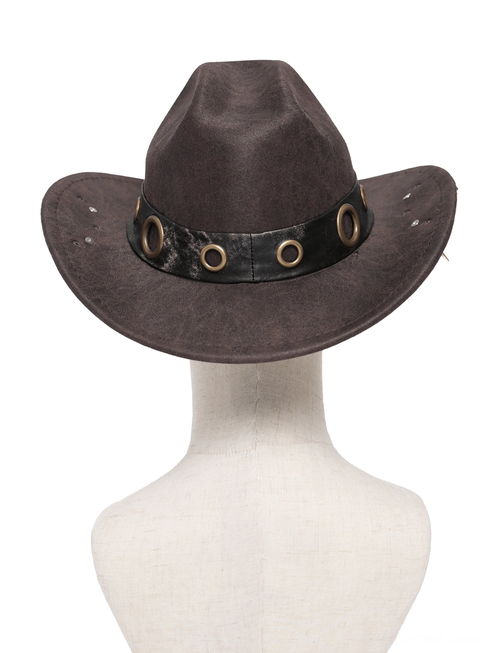 Rear view of brown gothic cowboy hat showing adjustable black strap with metal round buckles and matte brown fabric material