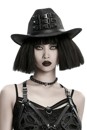 Black suede gothic cowboy hat with triple buckle straps front view on female model
