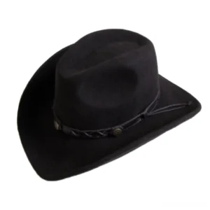 Black wool gothic cowboy hat with braided leather band and metal rivets, left three-quarter view