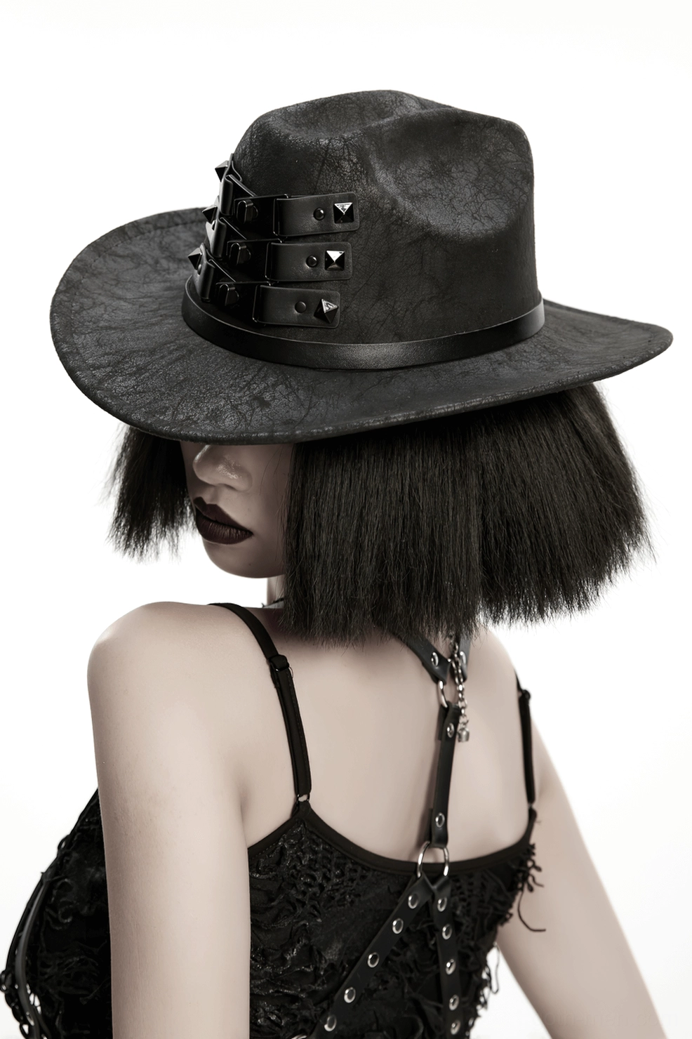 Black gothic cowboy hat showing brim width and crown structure detail