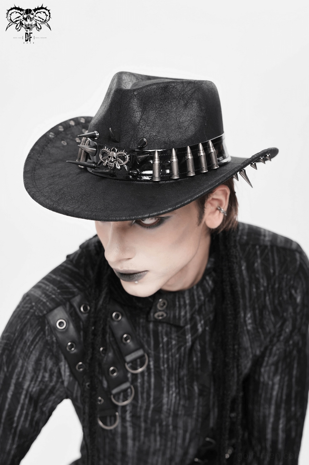 Gothic metal spike bullet trim cowboy hat detail shot of decorative brim embellishments and hardware