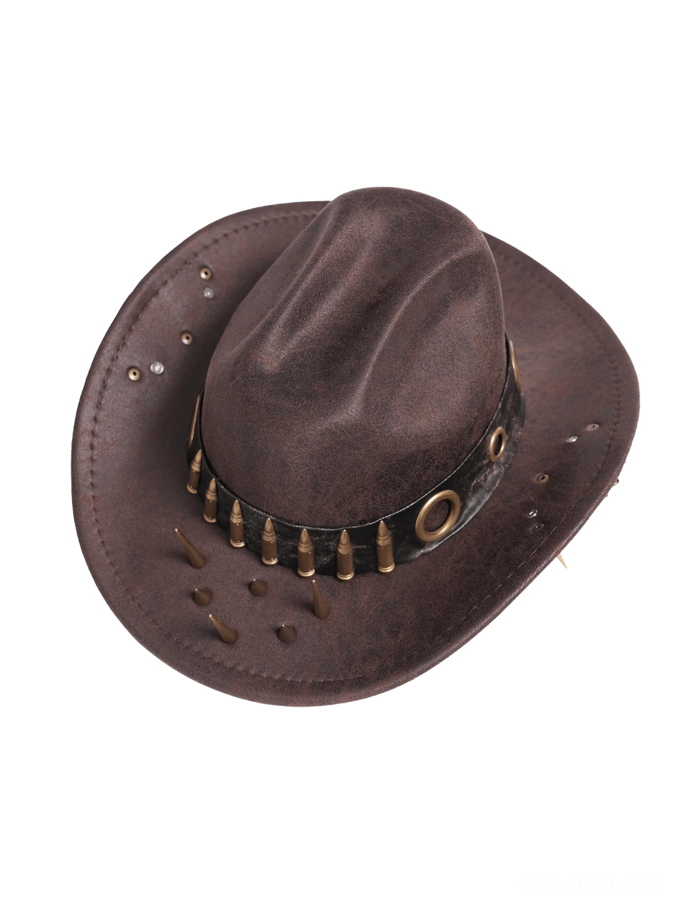 Gothic cowboy hat back view on mannequin - displaying metal round rings and bullet detailing on rear hat band