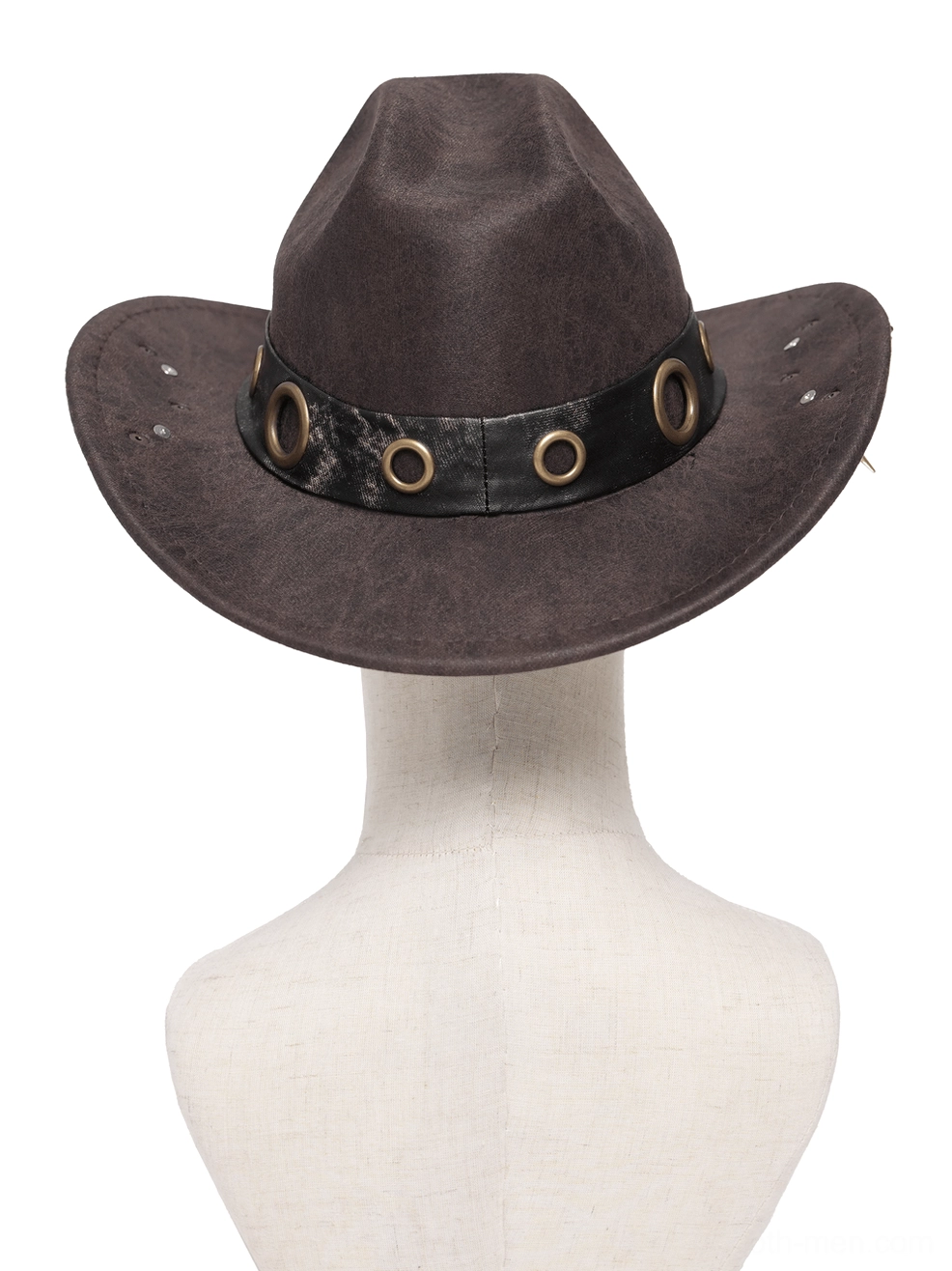 Dark gothic western hat brim detail - side angle showcasing metal spike decorations and distressed leather finish on mannequin