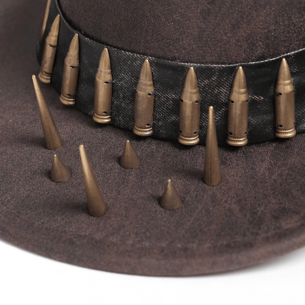 Dark alternative cowboy hat flat side view - multiple metal spike and resin bullet decorations visible on crown band