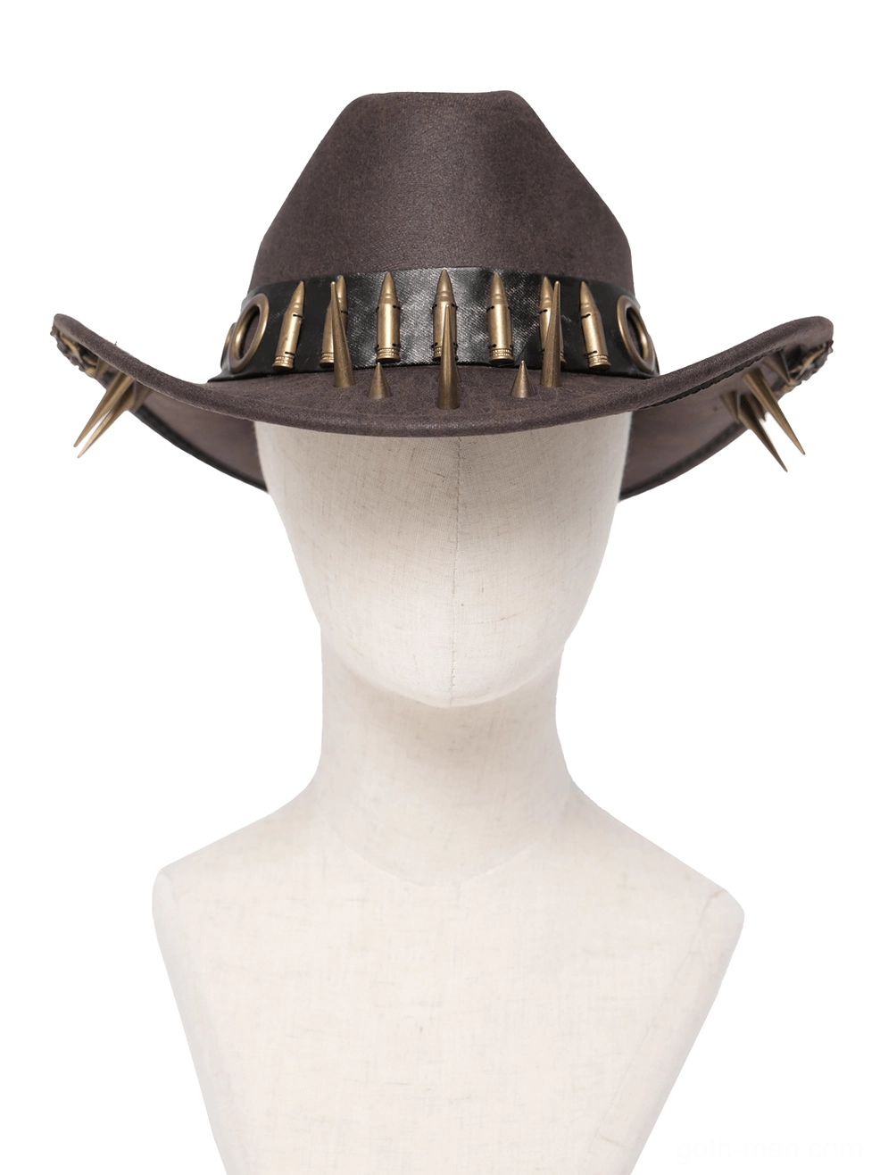 Gothic steampunk cowboy hat worn by male model - medium side view showing authentic wear with dark leather punk clothing coordination