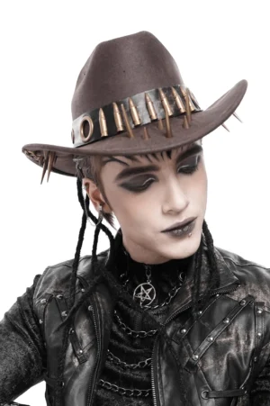 Dark western gothic hat with metallic studs and resin bullets - side angle showcasing hat band details and leather coordination with alternative fashion outfit