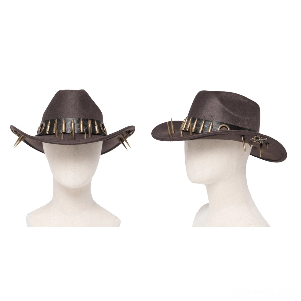 Brown faux leather gothic cowboy hat with metal hat band - flat front mannequin view showing suede-like fabric texture and spike embellishments