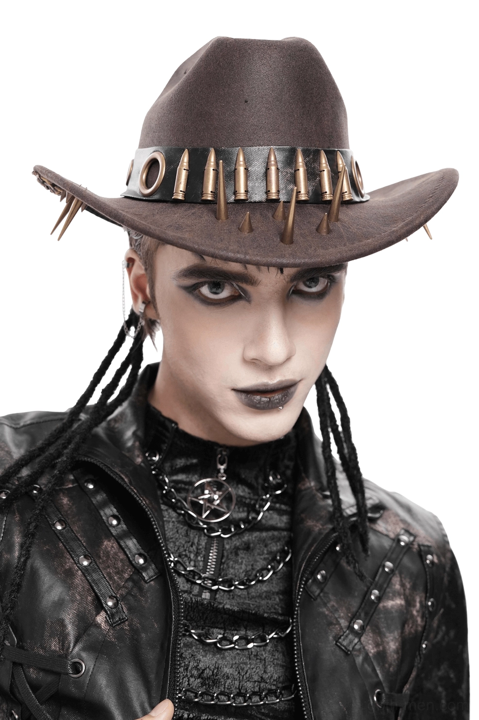 Brown gothic cowboy hat three-quarter view - mannequin display showing overall silhouette and distressed faux leather finish