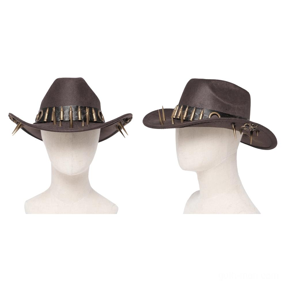 Two brown gothic cowboy hats displayed on mannequin heads showing metal bullet and spike hardware details from frontal view
