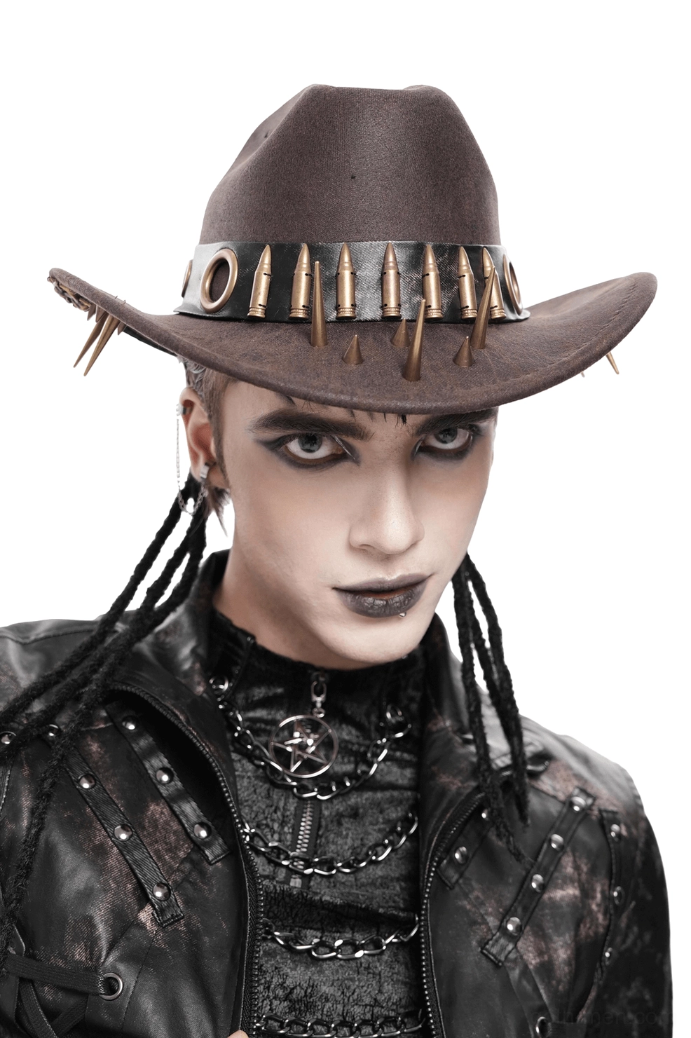 Brown gothic cowboy hat with metal bullet band and spike studs, worn by male goth model with braided hair, front close-up view showing punk metal hardware details