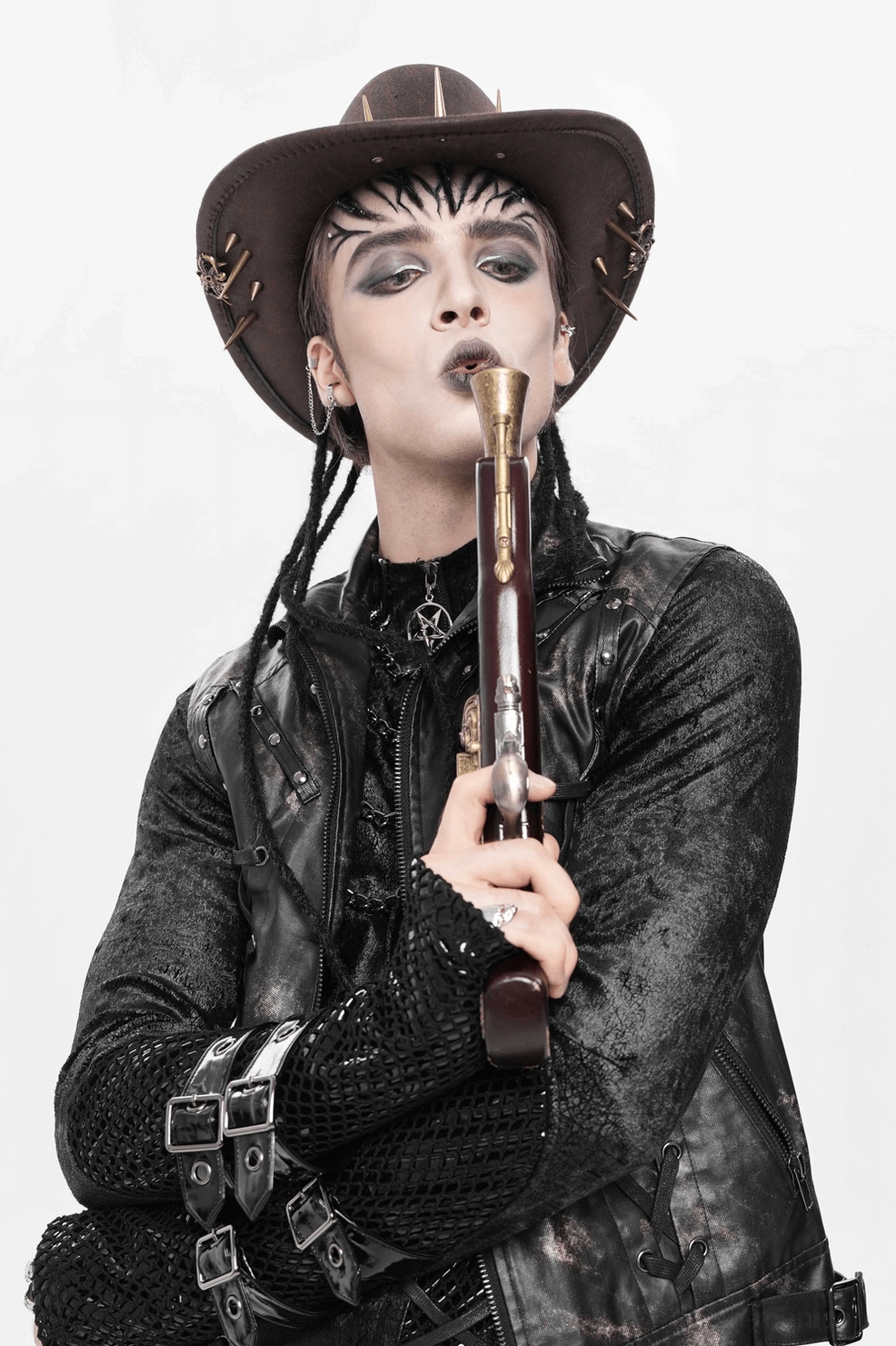 Gothic cowboy hat construction detail showing synthetic leather overlay and metal fastening hardware on crown and brim