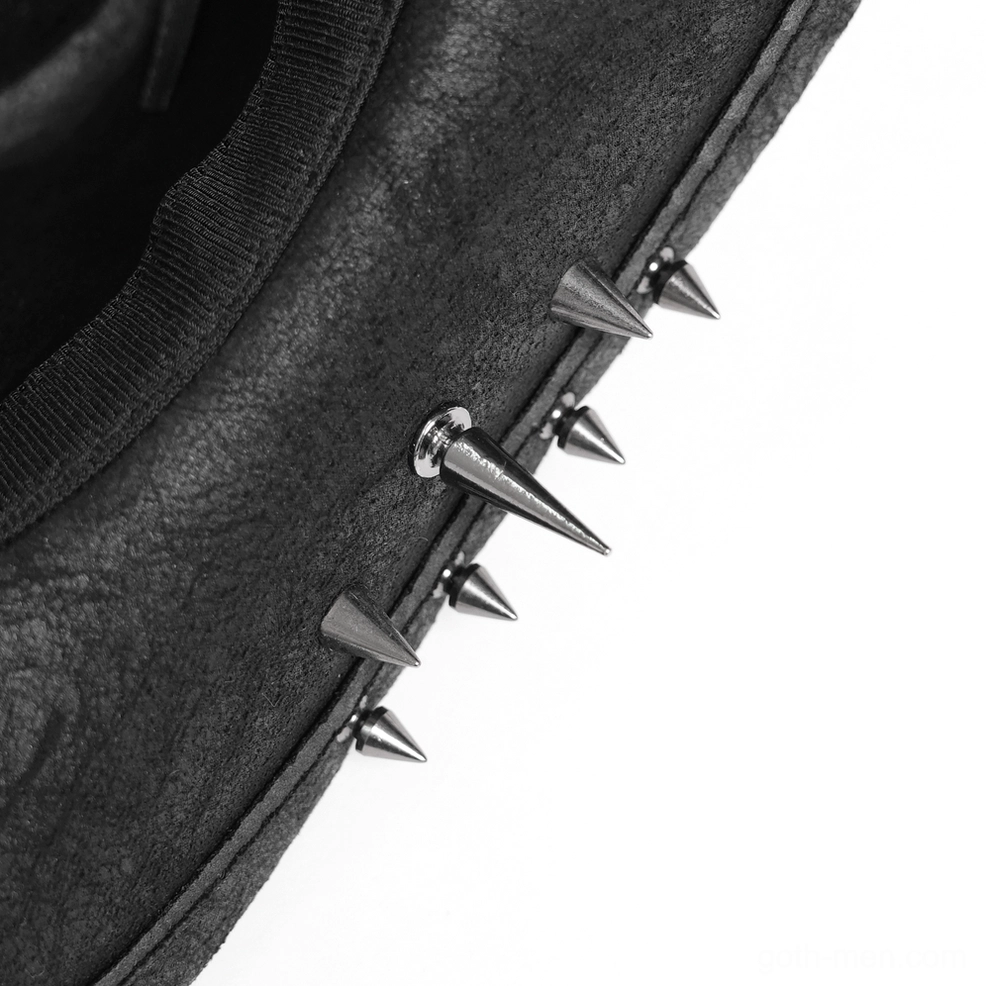 Gothic cowboy hat with metal skull centerpiece and bullet spike accents displayed to highlight dark aesthetic and craftsmanship