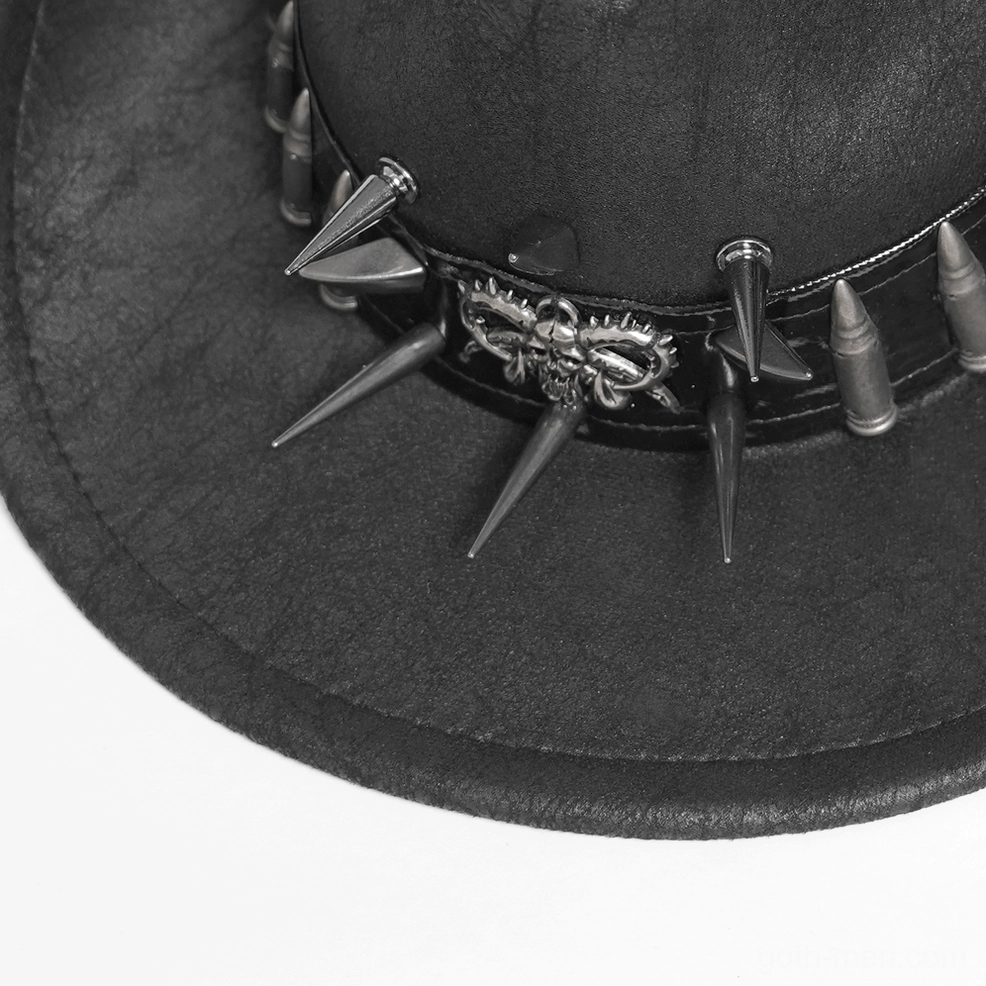 Black skull and bullet gothic cowboy hat alternate angle showing crown structure and metal embellishment placement detail