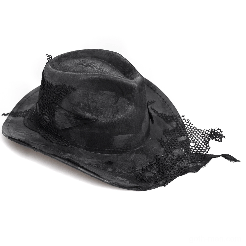 Gothic cowboy hat detail shot highlighting distressed fishnet mesh patches and worn black faux leather texture