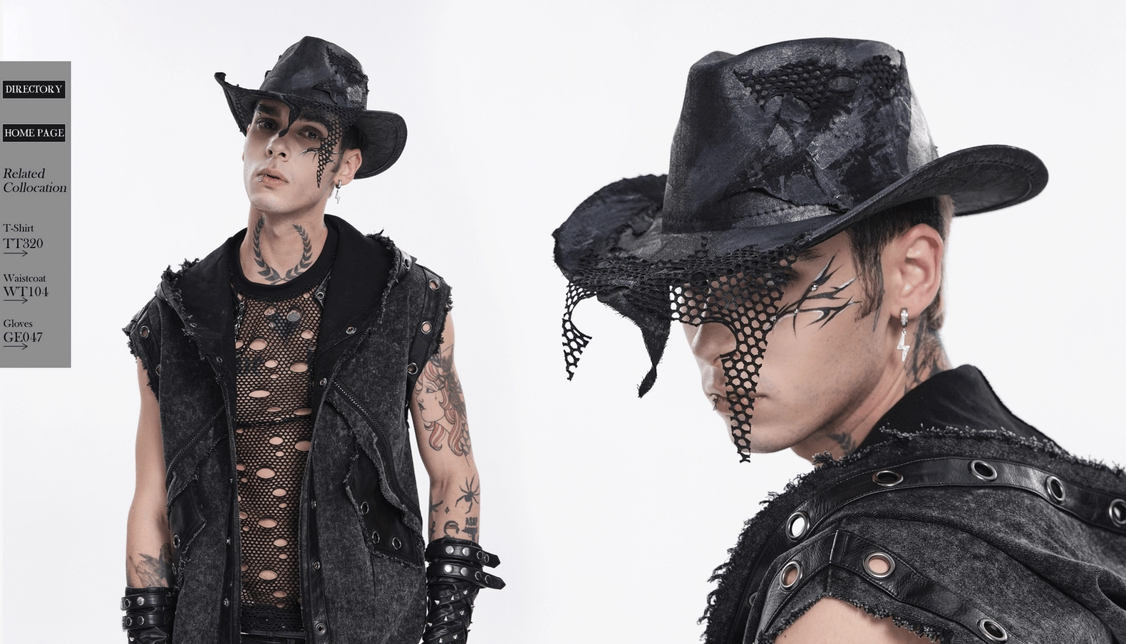 Gothic cowboy hat detail view displaying distressed faux leather brim and artistic fishnet patch construction