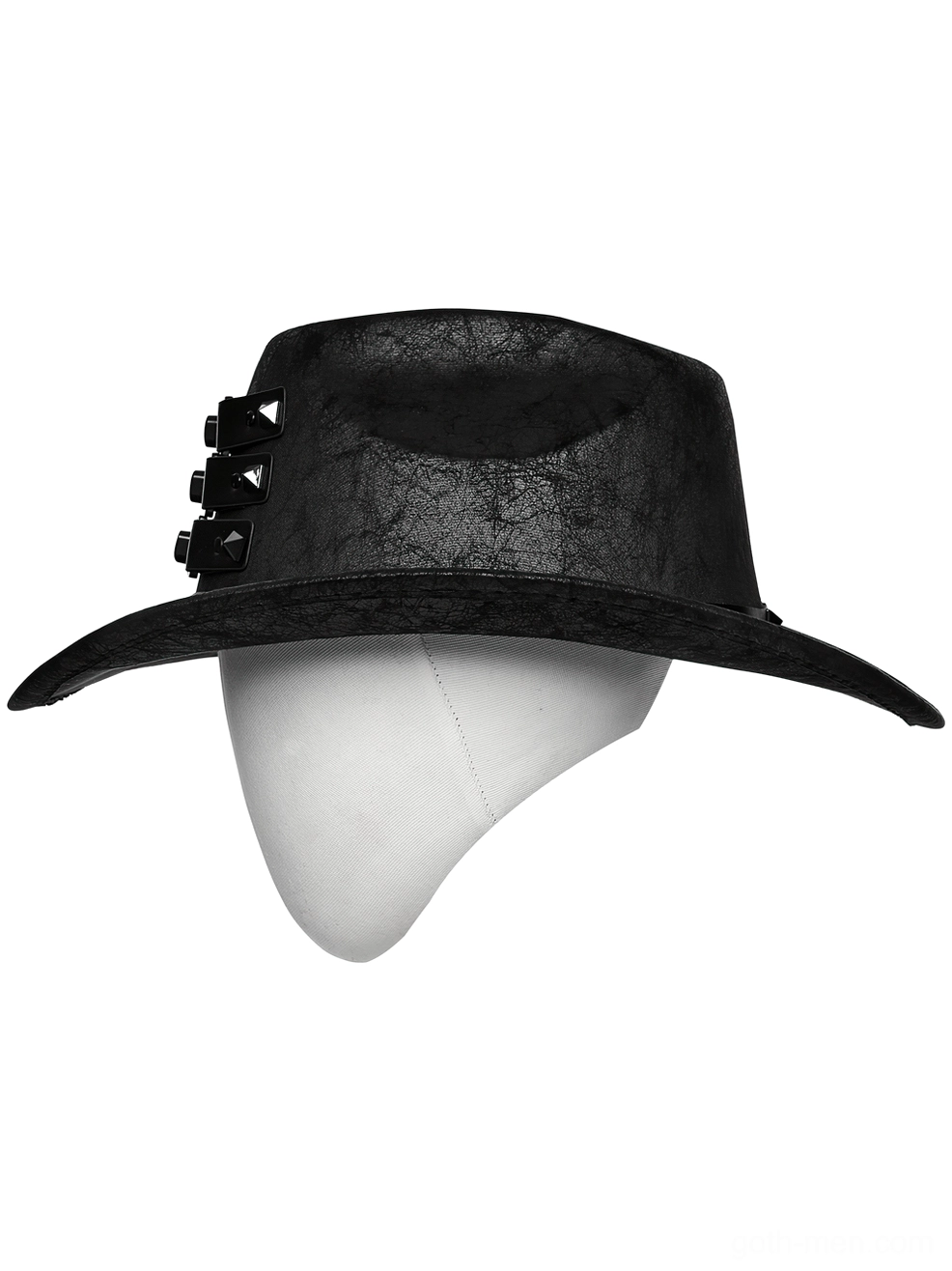 Black gothic cowboy hat front flat view showing wide brim and suede texture detail