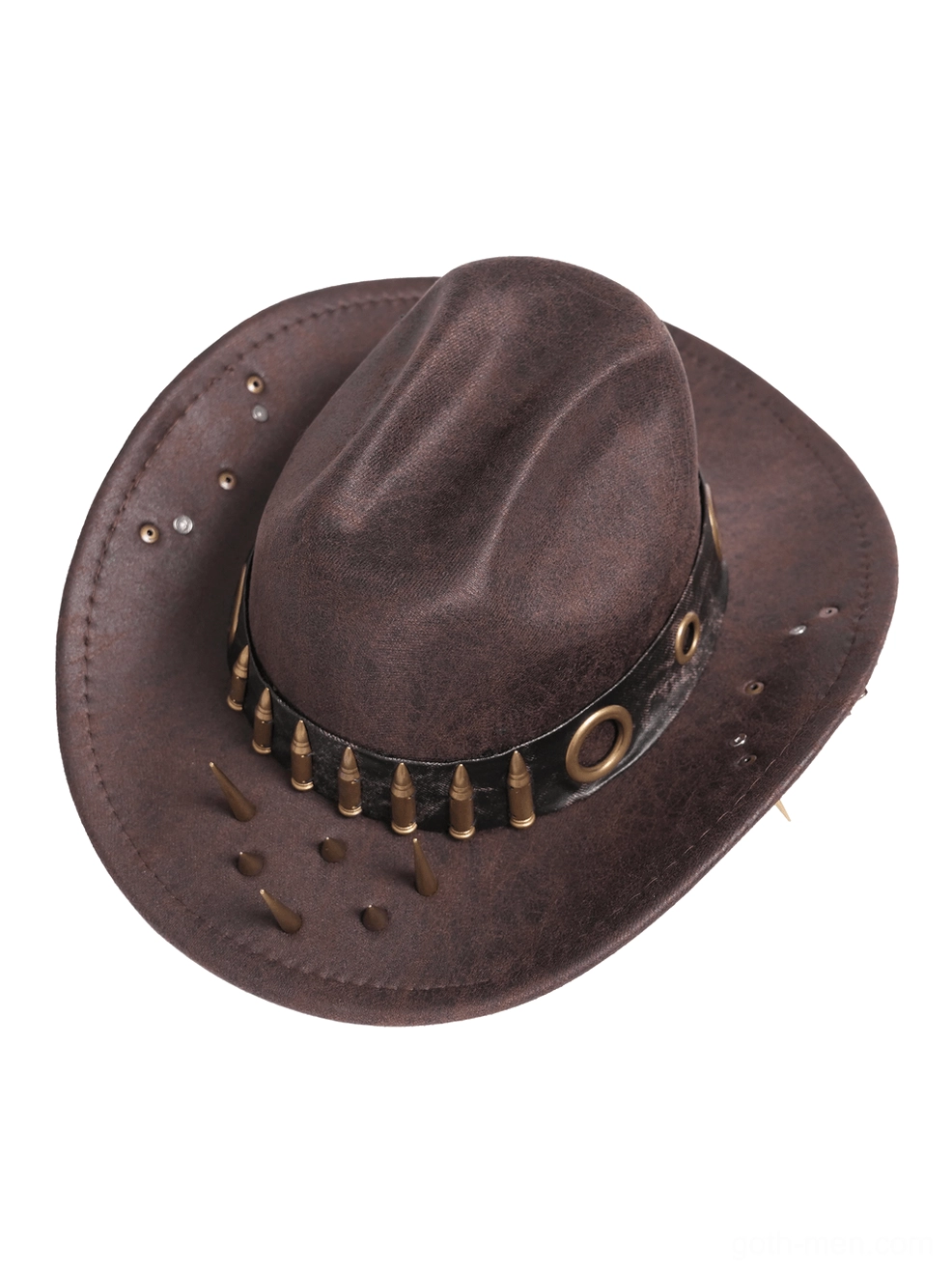 Overhead flat lay of brown gothic cowboy hat showing metal bullet and spike trim placement and suede-like material texture