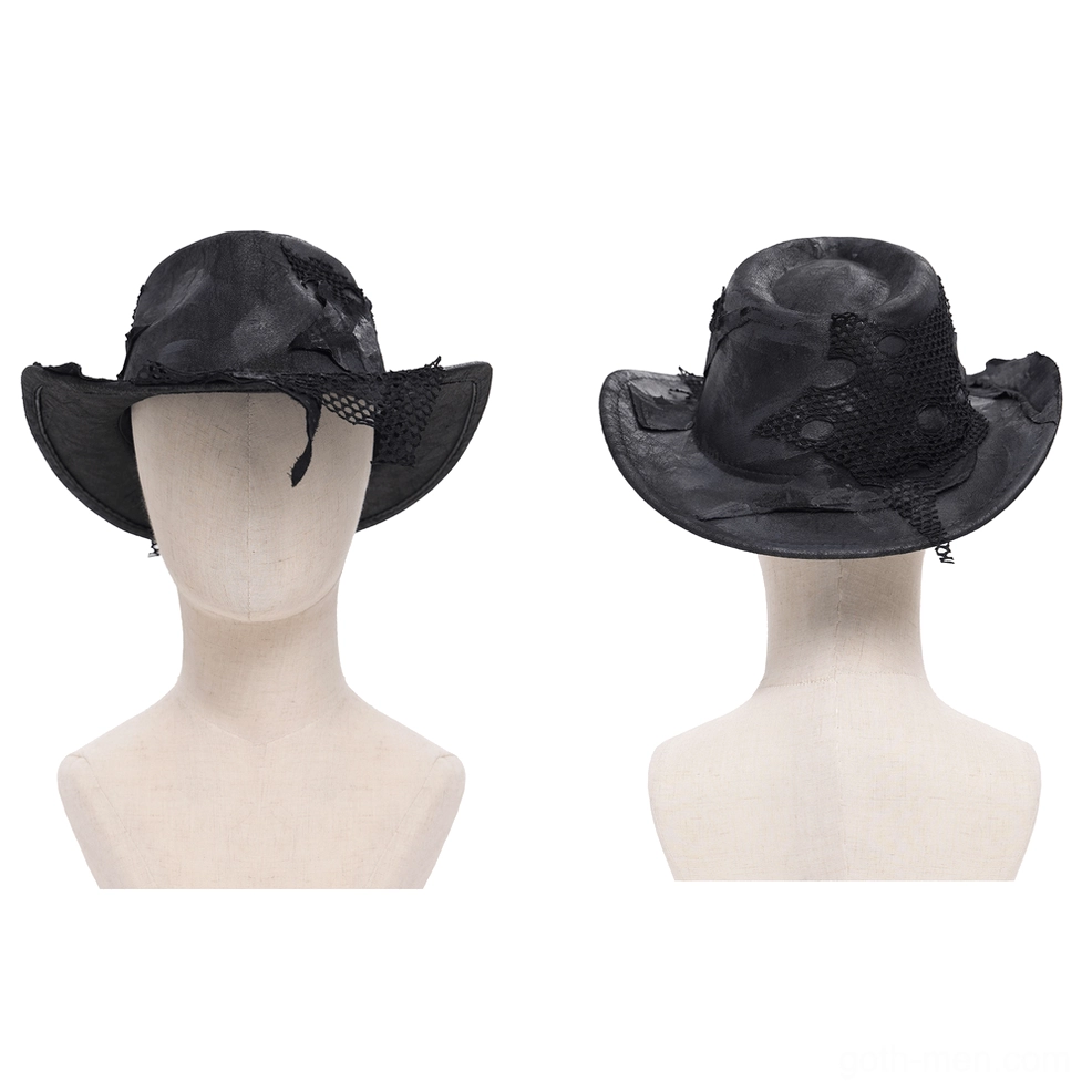 Black gothic cowboy hat front and back display on mannequin heads showing fishnet veil and distressed crown structure
