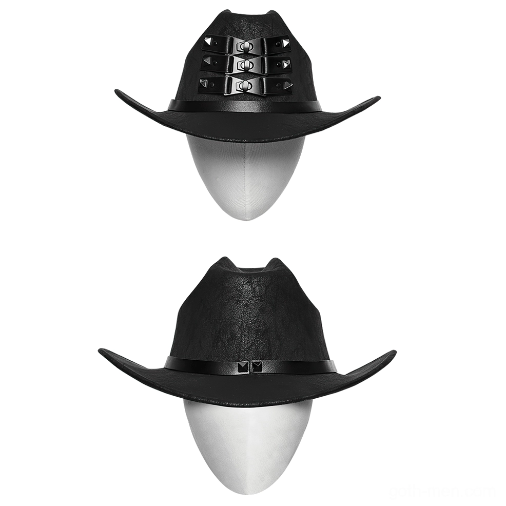 Black suede gothic cowboy hat with triple buckle crown straps on display mannequin