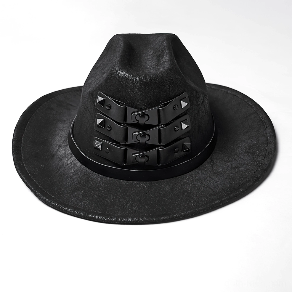 High front angle view of black suede gothic cowboy hat triple buckle set